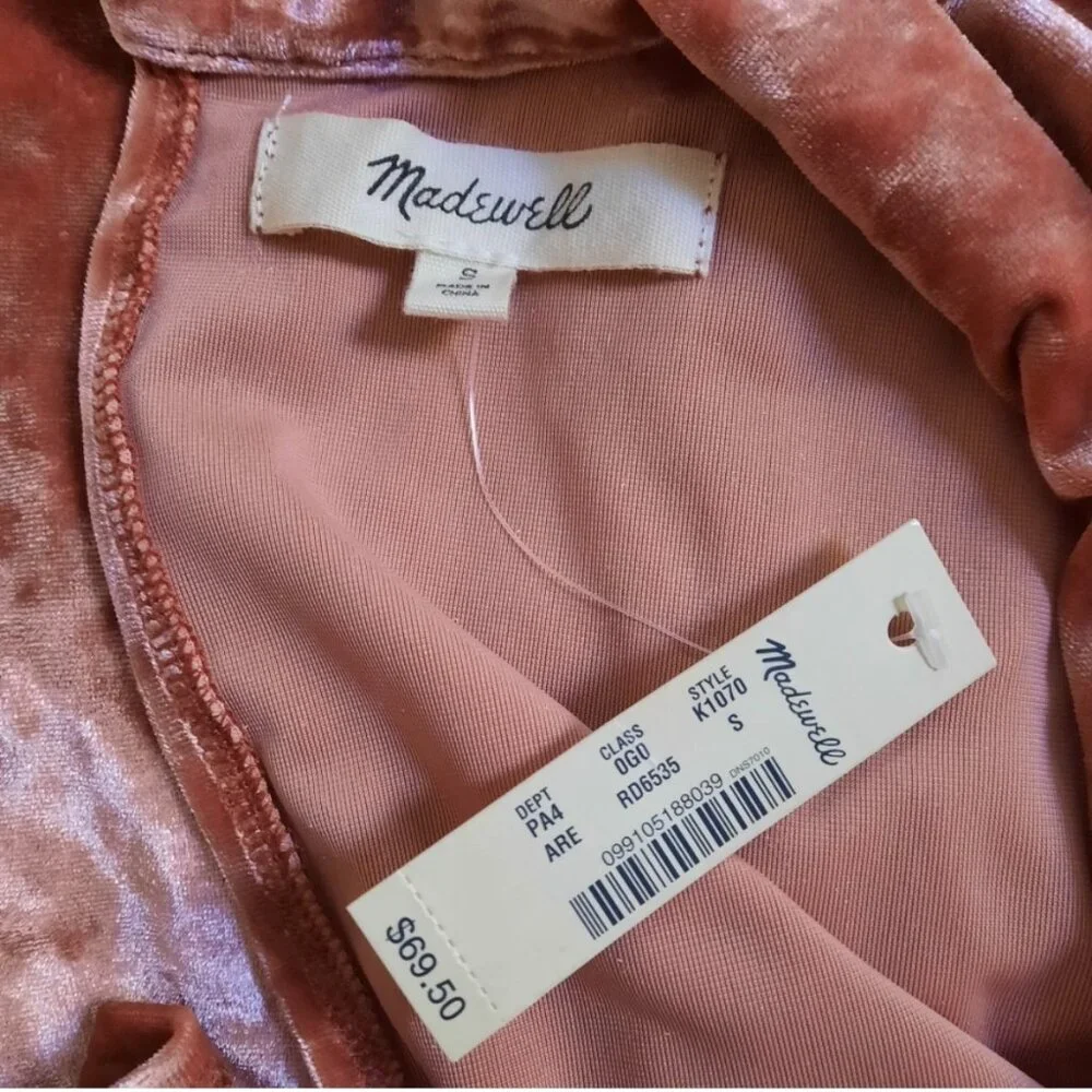 Madewell Coral Pink Crushed Velvet Mini Shift Dress Size S NWT